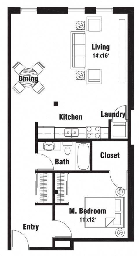 Floor plan for 1 bed, 1 bath, 846 sqft